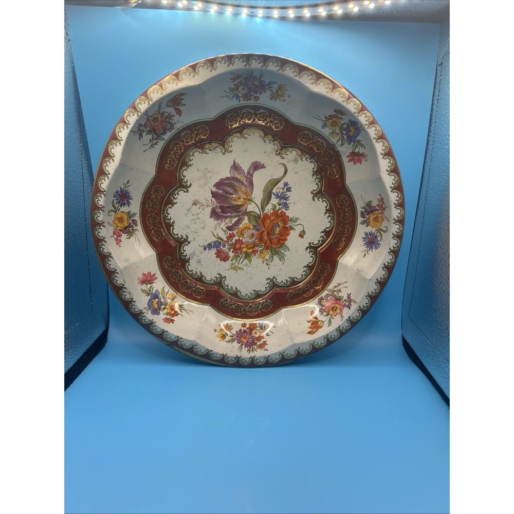 VTG Large 10” Round DAHER Decorated Ware England Tin Floral Metal Tea Bar Tray